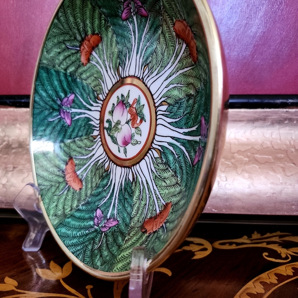 Neiman Marcus Horchow Chinese Export Famille Rose Verte Bok Choy Brass Plate VTG - Picture 12 of 15